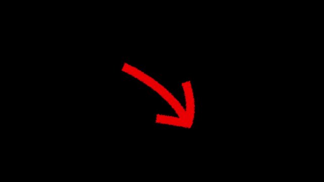 Glowing A vibrant, hand-drawn red arrow points diagonally downward against a clean white background.4k motion graphics video animation