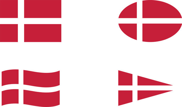 Denmark Flag Vector Icon Set with Scandinavian Nordic Cross Symbol Featuring Standard Rectangle Oval Badge Pennant and Waving Banner Design Elements