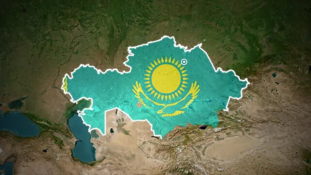 Kazakhstan Map Filled with National Flag on Geographic Background.
Cinematic Kazakhstan Territory Map with Flag Overlay.