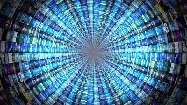 Flying Into Media Tunnel of Video Loops and Light Rays - 3d 4k animation (3840 x 2160 px)