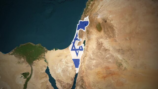Israel Country Map with National Flag on Satellite Earth Background.
Israel Map Filled with National Flag on Geographic Background.