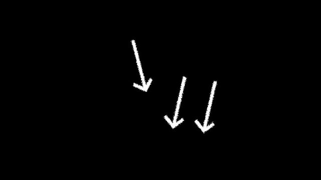 Set of animated white arrow overlays including hand-drawn chalk doodles and dashed directional pointers on black background.4k motion graphics video animation