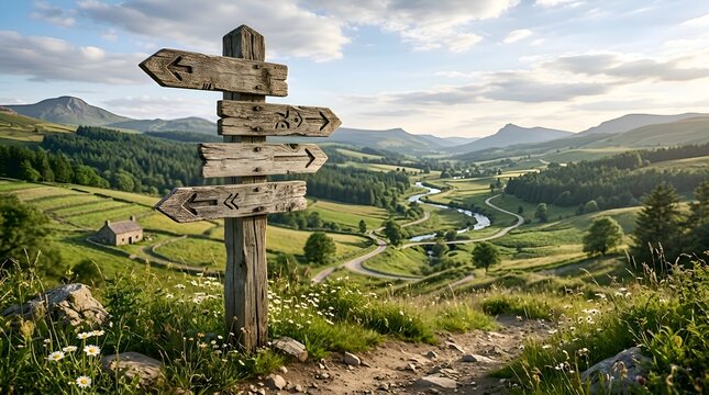 Wooden signpost directing paths through scenic countryside landscape