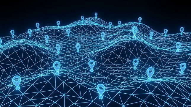 Digital map abstract terrain with glowing blue location pins representing navigation points in futuristic network visualization on dark background, cyberspace concept.