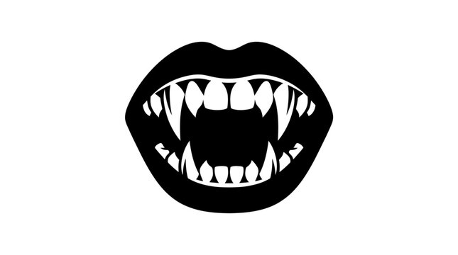 Scary vampire mouth with sharp fangs in black silhouette vector style. Halloween horror icon isolated on white background for spooky, gothic, and monster-themed designs.