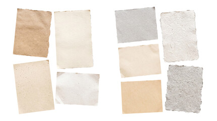 Fototapeta premium Varied set of blank, textured, and recycled paper pieces in neutral tones on a transparent background.