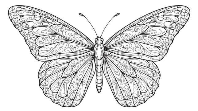 Intricate butterfly line art vector, detailed monarch butterfly coloring page, decorative insect illustration with ornate wing patterns