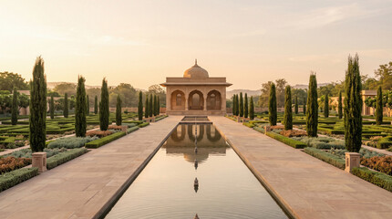 Fototapeta premium Luxury Indian palace pavilion with reflecting pool and symmetrical Mughal garden at sunset