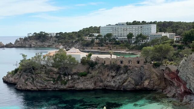 Rocky cliffs and luxury hotel complex in Calvia coast, Majorca, Spain