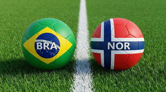 Brazil and Norway soccer balls on grass field ready for match competition close up view symbolic national flags and game concept.