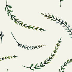 Obraz premium Yarrow leaves seamless pattern watercolor illustration on cream background. Achillea foliage for sensitive skincare cosmetics packaging, gentle organic child care branding, detox herbal tea print