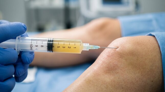 Doctor performs injection into knee joint of patient with yellow fluid from syringe