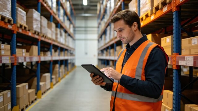 Warehouse clerk with tablet performing cycle count in storag
