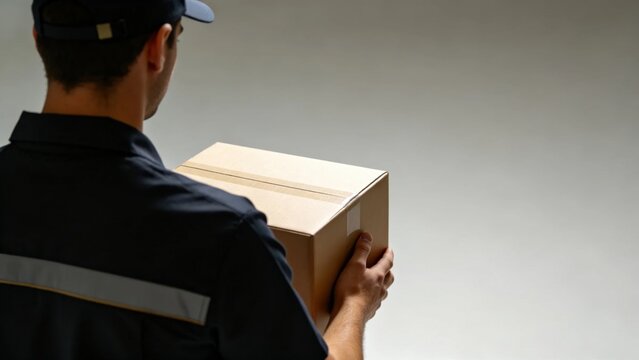 Package delivery person from back view holding parcel in bot