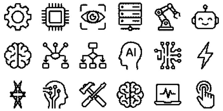 Collection of black and white pixel art icons representing artificial intelligence and technology concepts