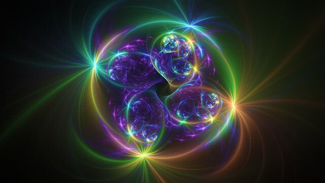 Fractal fluorescent combination of luminous particles revolving in center, illuminating, emanating light beams on black. Iridescent waves psychedelic transformations with circulating. 4K UHD 4096x2304