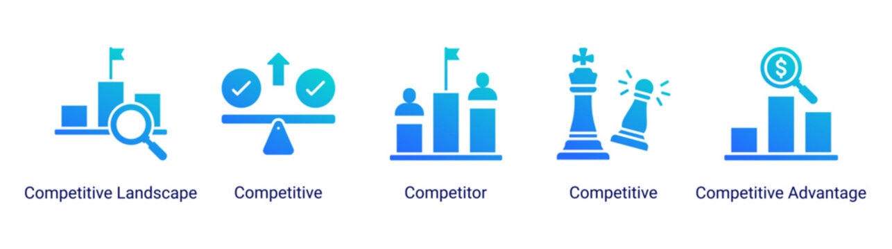 Competitive Strategy icon set featuring competitor analysis,market rivalry,competitive positioning,and strategic advantage concepts.