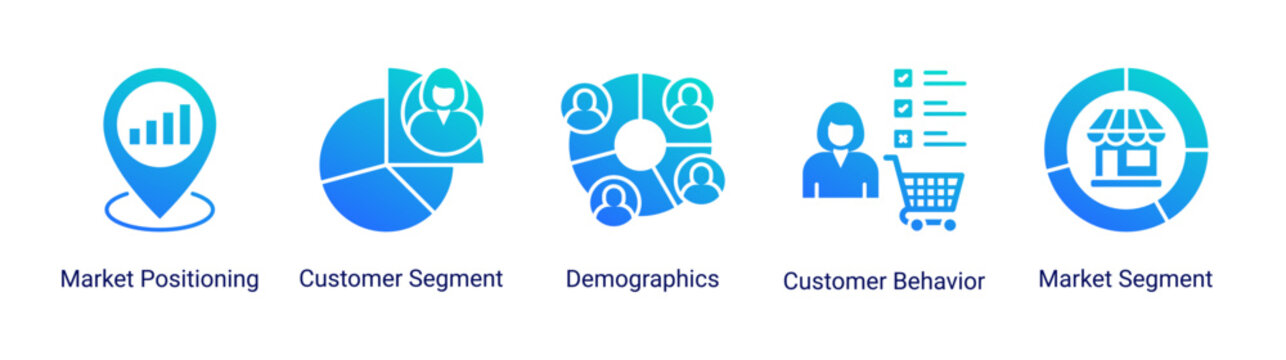 Market Insights icon set featuring customer segmentation,consumer behavior,target audience analysis,and market positioning concepts.