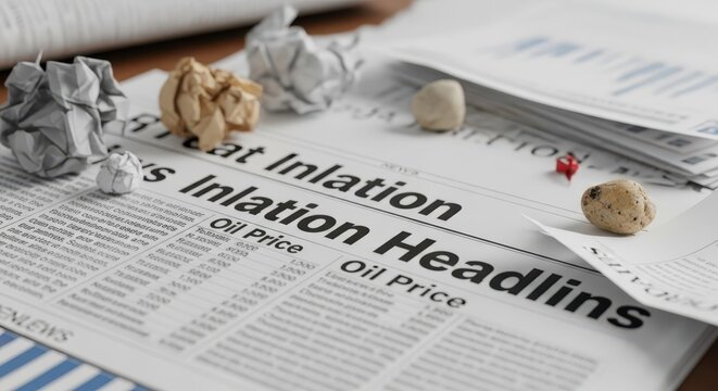 Economic Inflation Headlines and Oil Price Data on Newspaper Pages with Crumpled Paper