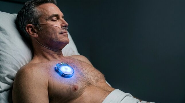 Man in hospital bed with pacemaker implant and nasal cannula for oxygen therapy