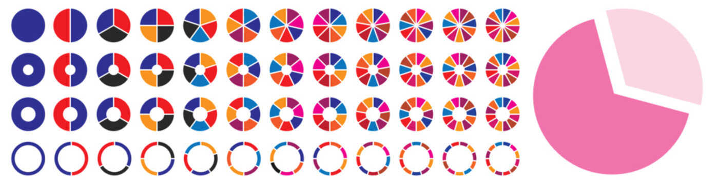 Pie chart set. Colorful diagram collection with 1,2,3,4,5,6 sections or steps. Circle icons for infographic. Flat process cycle. Progress sectors. Colorful diagram collection. Vector illustration,
