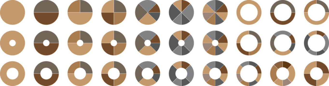 Pie chart color icons. Colorful diagram collection with 1.2.3.4.5. Flat style. Isolated objects donut and pie chart infographic elements set vector illustration
