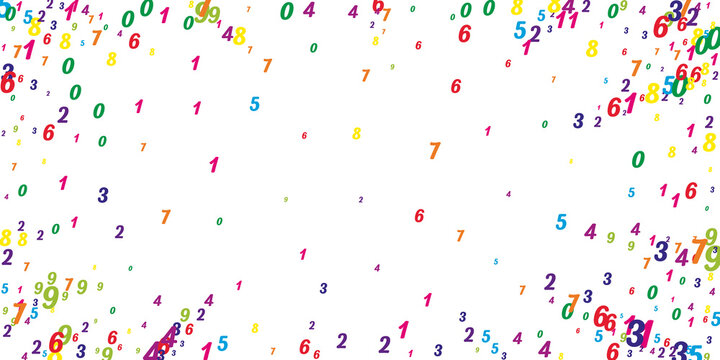 School math notebook cover. Colorful childish numbers floating in the air. Back to school mathematics banner on white background. Falling numbers illustration.
