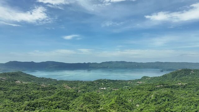Aerial Drone Flight Backward Over Lake Ilopango El Salvador Scenic Landscape