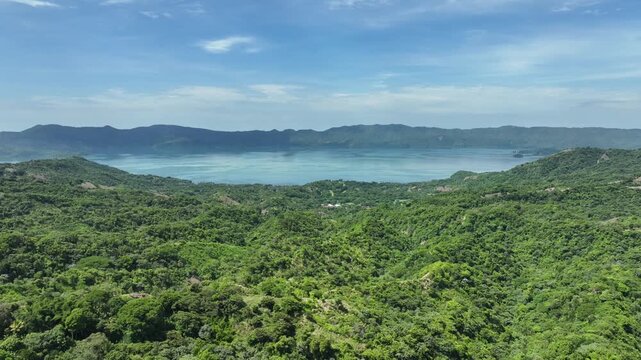 Drone Flying Forward Toward Lake Ilopango El Salvador Aerial Landscape