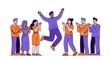 Obraz premium A diverse group of people celebrating a successful individual who is jumping with joy while others clap.