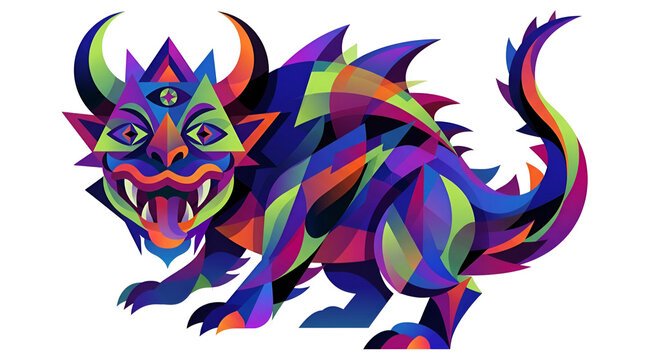 Colorful geometric monster vector creature with horns and spikes