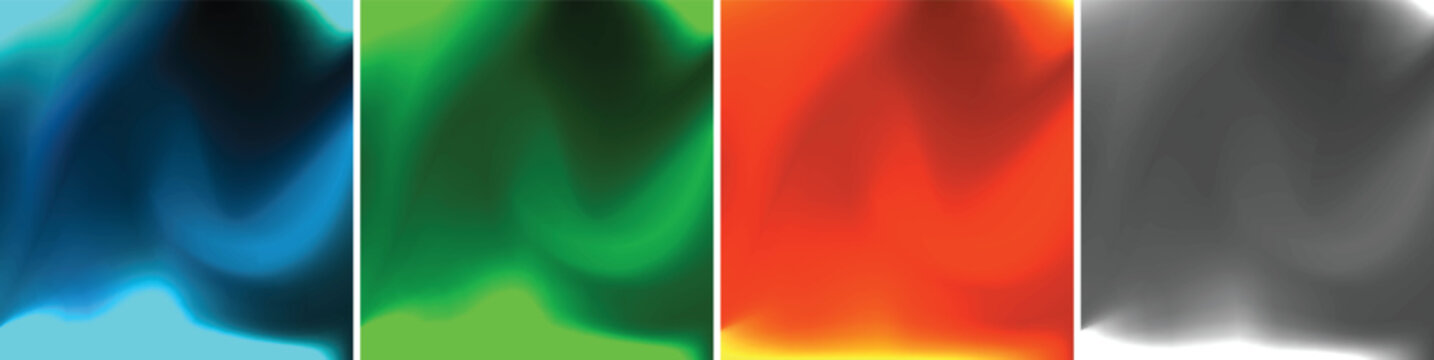 Abstract liquid wave background featuring a multi-panel composition of vibrant gradients in blue, green, orange, and grayscale, creating a modern, smooth, and flowing aesthetic.