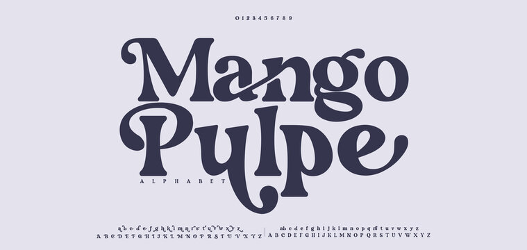 Mango Pulpe Luxury wedding alphabet letters font with tails. Typography elegant classic serif fonts and number decorative vintage retro concept for logo branding. vector illustration