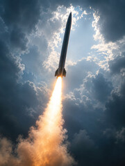 Fototapeta premium Ballistic Missile Launching Through Dramatic Storm Clouds, Military Defense Concept