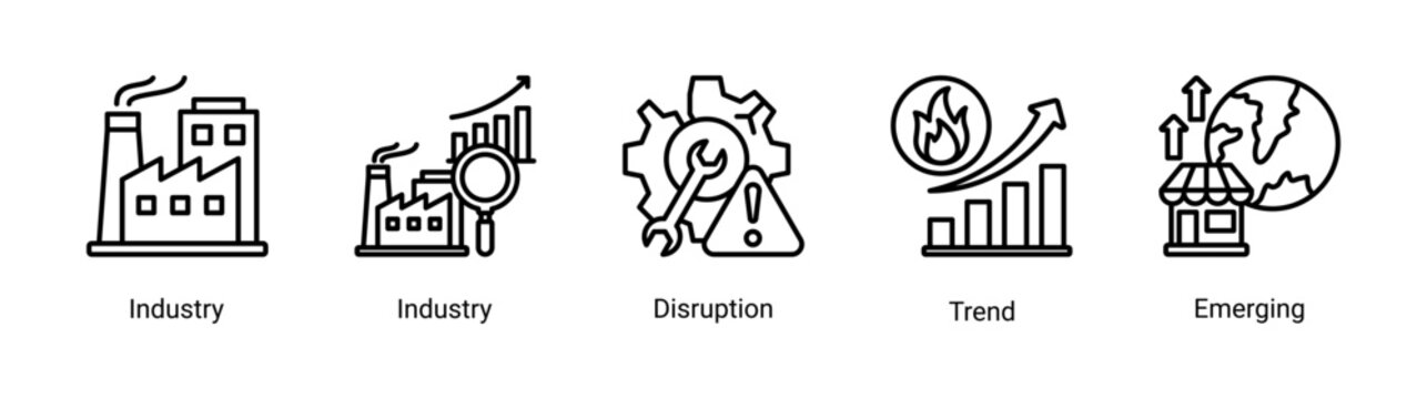 Industry Trends icon set featuring market disruption,emerging sectors,future developments,and trend analysis concepts.