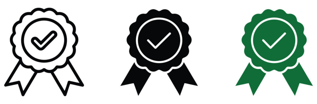 Approved Check Mark Badge Icon Set with Certified Medals, Verification Labels, Quality Seals, Profile Verification and Approval Symbols, Vector Collection