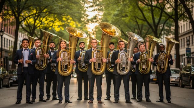Brass Musicians Performing with Tubas in Outdoor Avenue