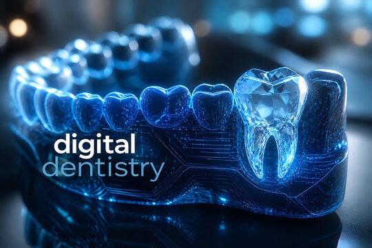 A glowing digital rendering of a set of teeth and jaw in a dark, futuristic setting.