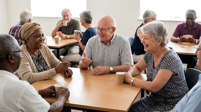 Diverse group of older adults interacting and smiling together indoors
