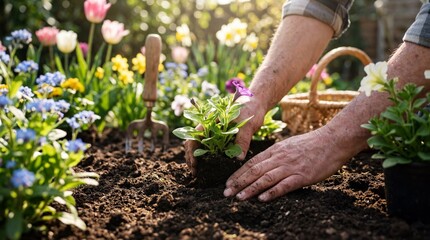 Fototapeta premium Gardeners Hands Planting Flowers in a Vibrant Spring Garden.