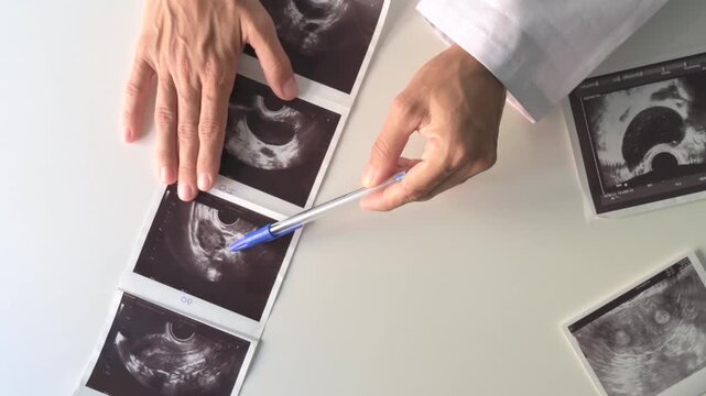 Female doctor explaining ovarian cyst and PCOS pathology on ultrasound printout