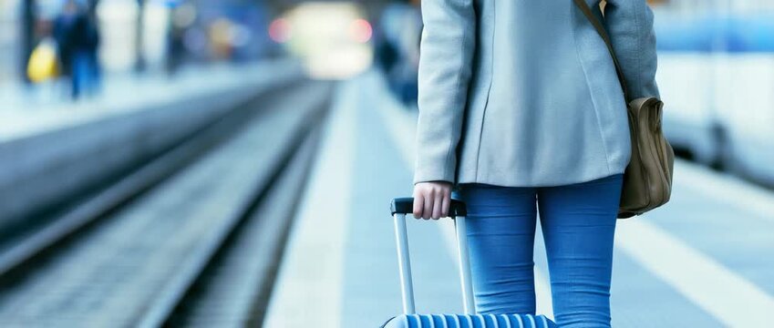 A traveler pulling a rolling suitcase while waiting beside a passenger train at a railway station, concepts of travel, commuting, business trips, tourism