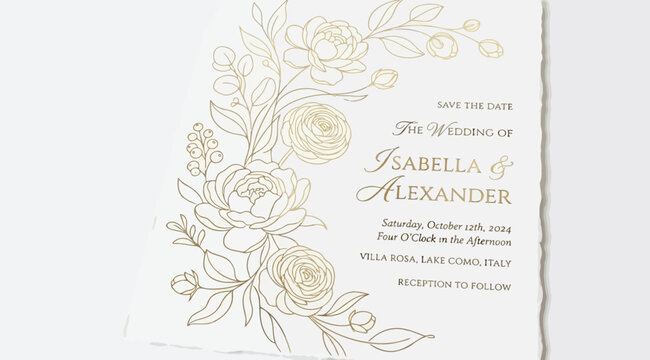 Elegant wedding save the date card with gold foil floral illustration
