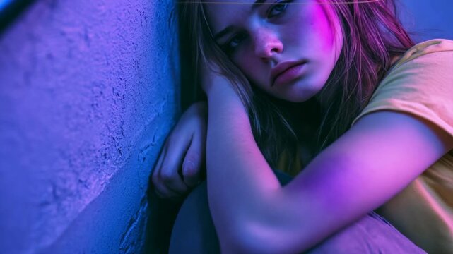 A young woman with closed eyes in a dark room bathed in red and blue light.