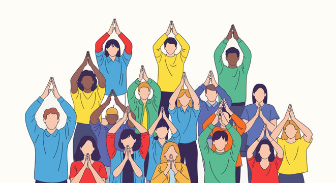 Diverse group of people standing together, performing a prayer or meditation gesture with hands clasped or raised, symbolizing unity and mindfulness.