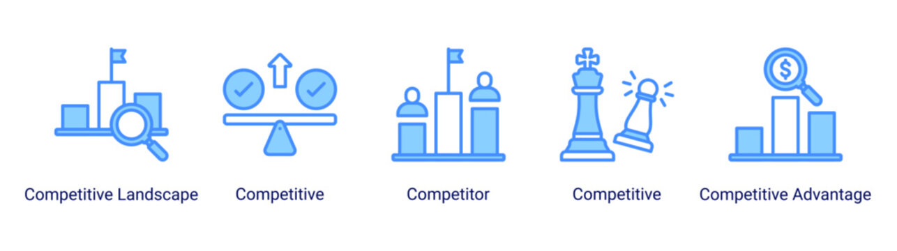 Competitive Strategy icon set featuring competitor analysis,market rivalry,competitive positioning,and strategic advantage concepts.