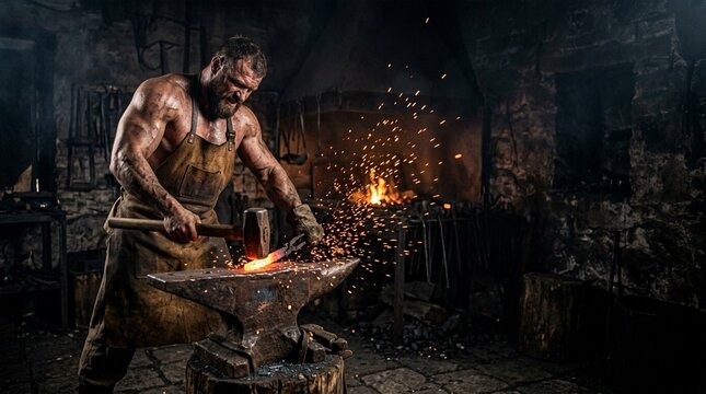 Muscular blacksmith working with hammer and anvil in old forge with flying sparks