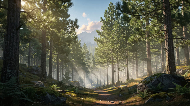 Sunbeams through Pine Forest Path, Majestic Mountains Background