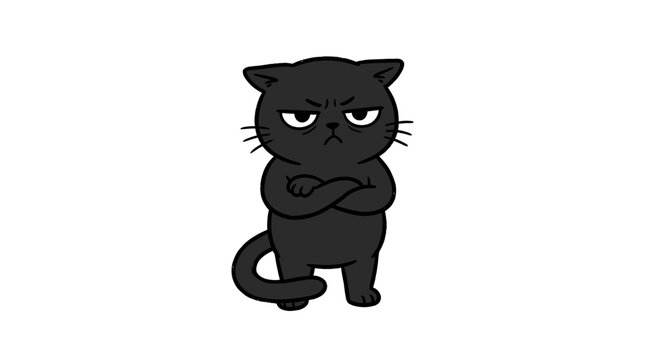 Grumpy Black Cat Standing Arms Crossed Isolated on White Background, Cartoon Style