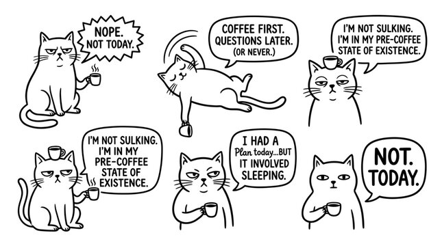 Grumpy Cats with Coffee - Funny Morning Mood Illustrations